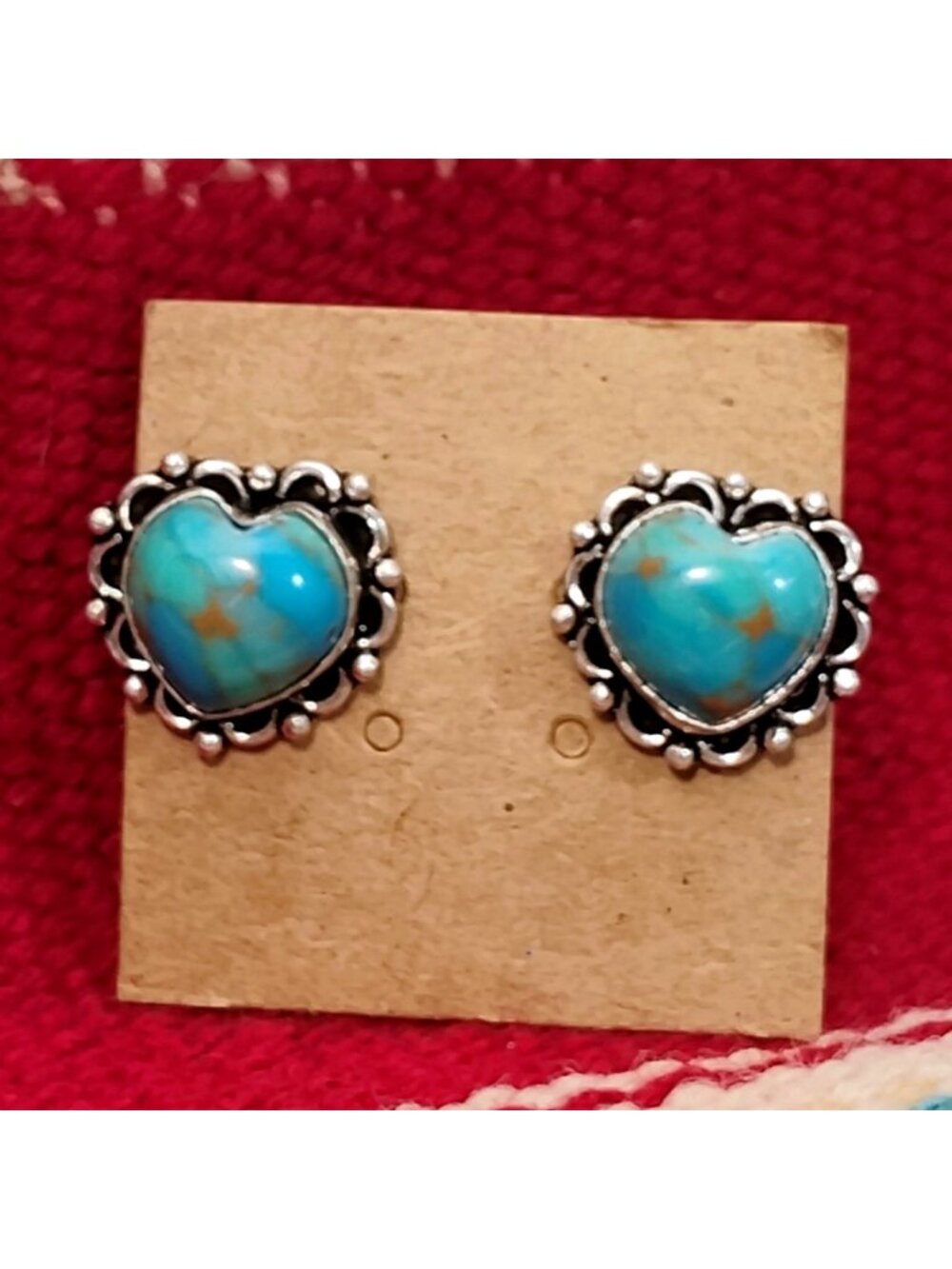 Stunning Matrix Kingman Turquoise Heart Earrings Set in Silver 5/8"